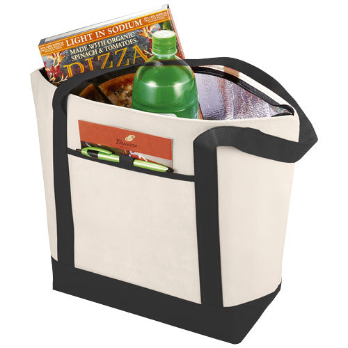 Weiße Lighthouse Non Woven Kühltasche 21L mit schwarzem Rand, individuell bedruckbar, ideal für Picknicks. Signalshop.de Werbeartikel.