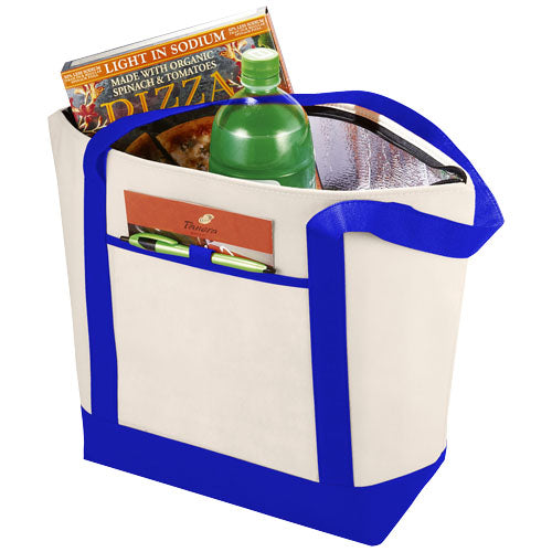 Weiße Kühltasche aus Vlies mit blauen Griffen, individuell bedruckbar, ideal für Strand und Picknick, Signalshop.de Werbeartikel.