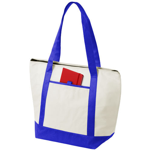 Lighthouse Non Woven Kühltasche 21L, beige mit blauen Trägern, individuell bedruckbar, Signalshop.de Werbeartikel.