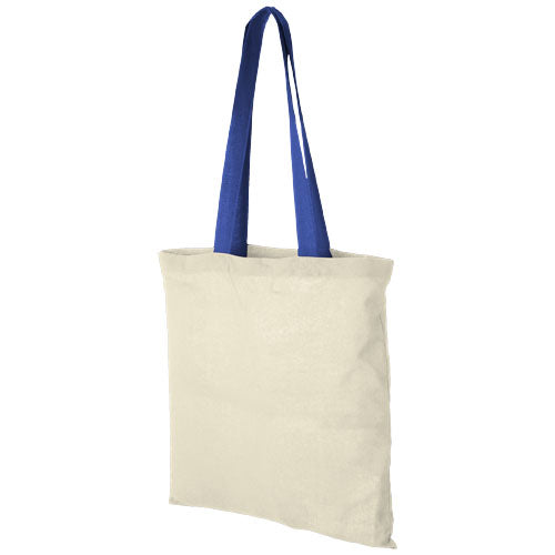 Nevada 100 g/m² Baumwolltasche in Beige mit blauen Henkeln, individuell gestaltbar bei Signalshop.de, ideal als Werbeartikel.