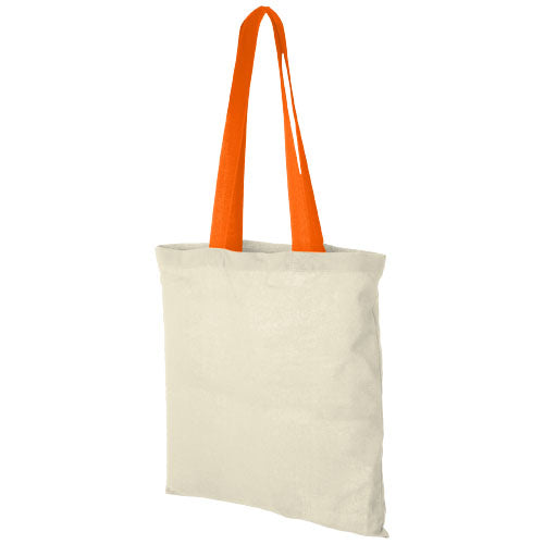 Weiße Baumwolltragetasche mit orangefarbenen Henkeln von Signalshop.de, individuell bedruckbar, ideal als Werbemittel.