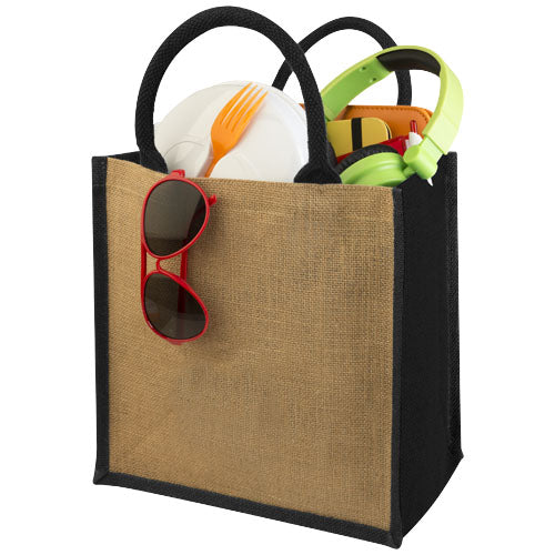 Chennai Jute Tragetasche 16L, beige und schwarz, individualisierbar mit Logo, von Signalshop.de Werbeartikel.