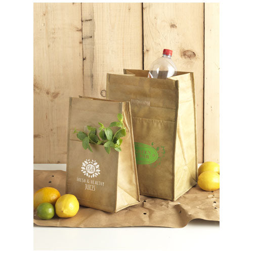 Große braune Papyrus Kühltasche 6L mit individueller Logo-Bedruckung, ideal für Signalshop.de Werbeartikel.