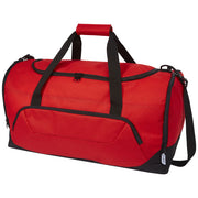 Rote Retrend RPET Reisetasche 40L mit schwarzen Henkeln, individuell bedruckbar, bei Signalshop.de als Werbeartikel.