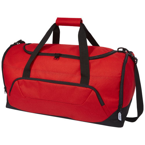 Rote Retrend RPET Reisetasche 40L mit schwarzen Henkeln, individuell bedruckbar, bei Signalshop.de als Werbeartikel.