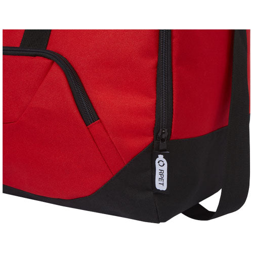 Rote RPET Reisetasche 40L mit schwarzem Boden, individuell bedruckbar mit Logo, Signalshop.de Werbeartikel.