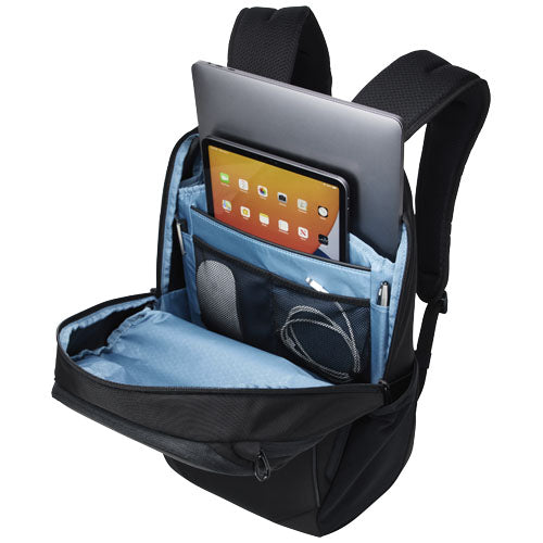 Schwarzer Thule Accent Rucksack 23 L aus nachhaltigem Material, offen mit Laptopfach, individuell bedruckbar.