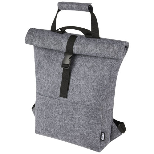 Graue Felta Fahrradtasche aus GRS-recyceltem Filz mit Rolltop, individuell bedruckbar, Signalshop.de Werbeartikel.