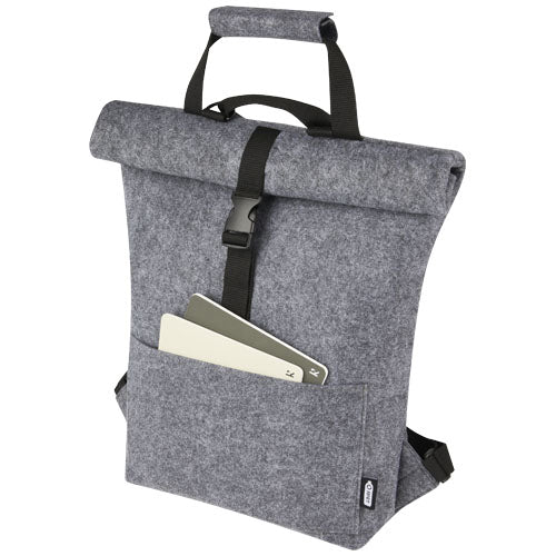Graue Felta Fahrradtasche aus recyceltem Filz, Roll-Top, individuell mit Logo gestaltbar, erhältlich bei Signalshop.de. Werbeartikel, Werbegeschenke, Werbemittel, Giveaway.