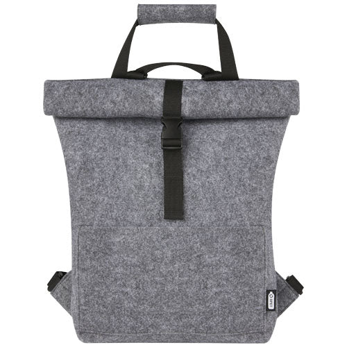 Graue Felta Fahrradtasche aus recyceltem Filz, 13 L, Rolltop, individuell mit Logo gestaltbar, Signalshop.de Werbeartikel.