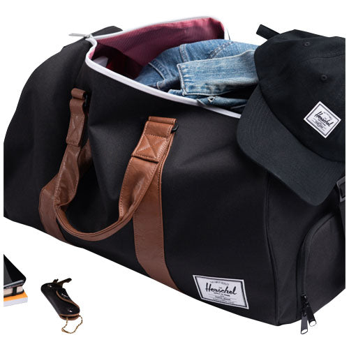 Schwarze Herschel Novel™ Duffle Bag mit braunen Griffen, individuell bedruckt, Signalshop.de Werbeartikel.