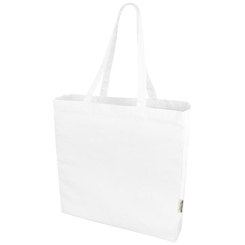 Weiße recycelte Baumwolltragetasche von Signalshop.de, individuell bedruckbar, ideal als Werbeartikel und Giveaway.
