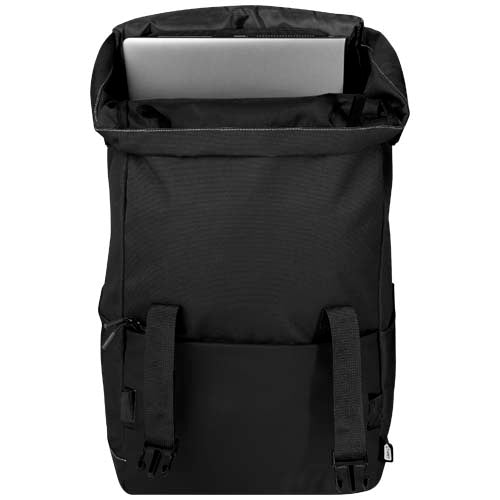 Roam GRS recycelter Rucksack in Schwarz mit Laptopfach, individuell gestaltbar, über Signalshop.de als Werbeartikel.