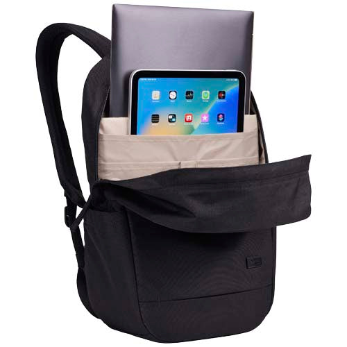 Schwarzer Case Logic Invigo 14" Rucksack aus recyceltem Material, Laptop- und Tablet-Fach, individuell bedruckbar, Signalshop.de Werbeartikel.