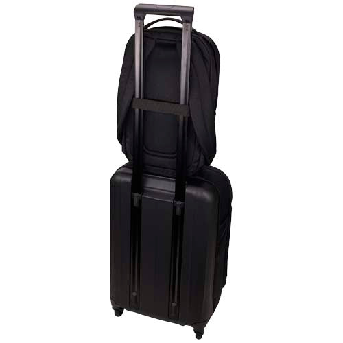 Schwarzer Case Logic Invigo 14" recycelter Laptop-Rucksack auf Koffer, individuell bedruckbar. Signalshop.de Werbeartikel.
