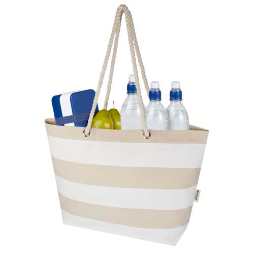 Beige-weiße Strandtragetasche aus recyceltem Material mit Logo, Signalshop.de, Werbeartikel, nachhaltig.