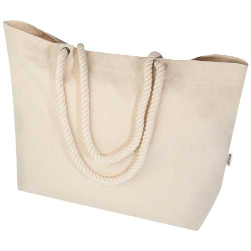 Beige Strandtragetasche aus recyceltem GRS-Material mit Seilgriffen, personalisierbar, Signalshop.de Werbeartikel.