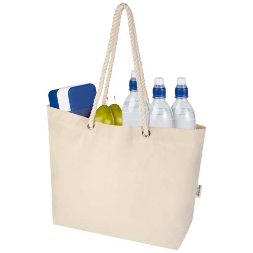 Beige Strandtragetasche aus recyceltem Material mit Seilgriffen, individuell bedruckbar. Signalshop.de Werbeartikel.