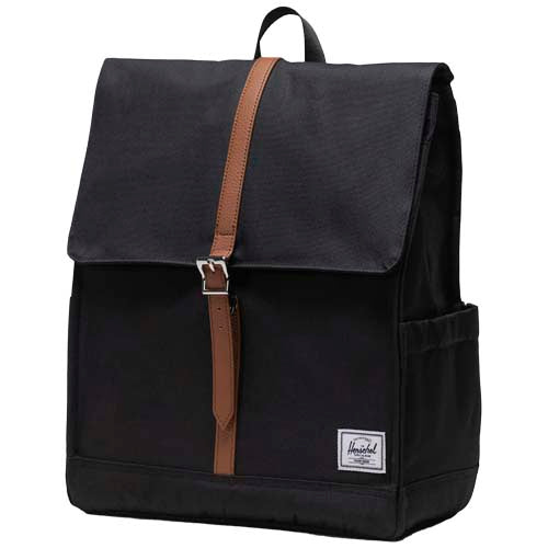 Schwarzer Herschel City Rucksack, recyceltes Material, 16 L, individuell gestaltbar, Signalshop.de Werbeartikel