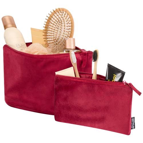 Rotes Swift GRS-recyceltes Samt-Kulturbeutelset mit Toilettenartikeln, individuell bedruckbar, Signalshop.de Werbeartikel.
