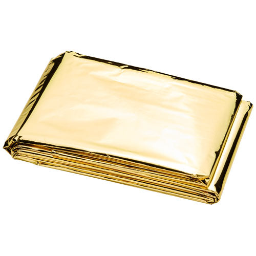 Frederik Notfalldecke goldfarben, faltbar, individuell bedruckbar, Signalshop.de Werbeartikel Giveaway
