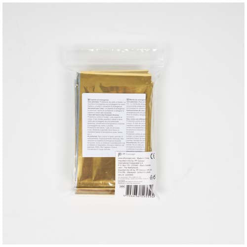Frederik Notfalldecke aus Goldfolie, verpackt in transparenter Hülle, individuell bedruckbar, Signalshop.de Werbegeschenk.