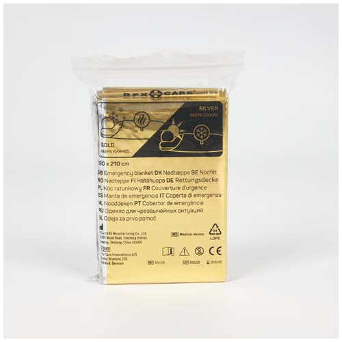 Frederik Notfalldecke in Gold mit Logo bedruckt, ideal als Werbeartikel auf Signalshop.de.
