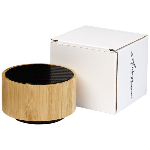 Cosmos Bluetooth Lautsprecher aus Bambus, nachhaltig, rund, individuell mit Logo bedruckbar, Signalshop.de Werbeartikel