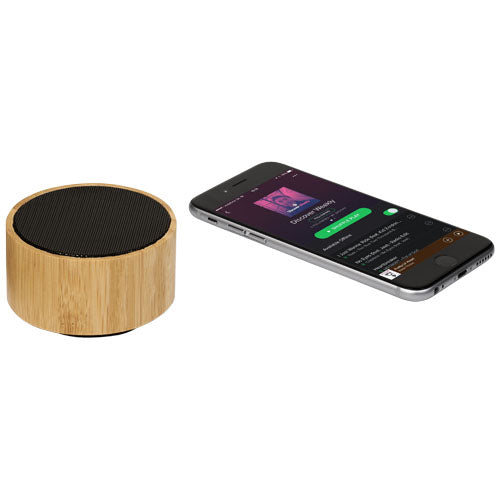 Cosmos Bluetooth® Lautsprecher aus Bambus, rund, nachhaltig, individuell bedruckbar, Signalshop.de Werbeartikel