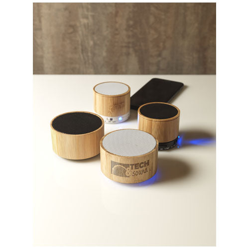 Cosmos Bluetooth® Lautsprecher aus Bambus, rund, nachhaltig, individuell mit Logo von Signalshop.de bedruckt; Werbeartikel, Werbegeschenke, Werbemittel, Giveaway.