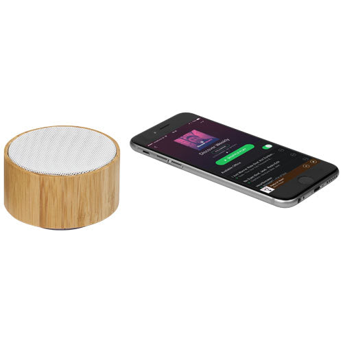 Cosmos Bluetooth® Lautsprecher aus Bambus, rund, nachhaltig, individuell mit Logo von Signalshop.de gestaltbar, Werbeartikel, Werbegeschenke, Werbemittel, Giveaway.