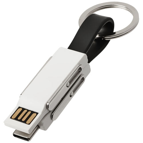 Weißes 4-in-1-Ladekabel mit Schlüsselring, individuell bedruckbar, von Signalshop.de, ideal als Werbeartikel.