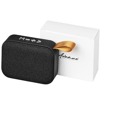 Schwarzer Fashion Stoff Bluetooth®-Lautsprecher mit Logo bedruckt, erhältlich bei Signalshop.de, ideal als Werbeartikel.