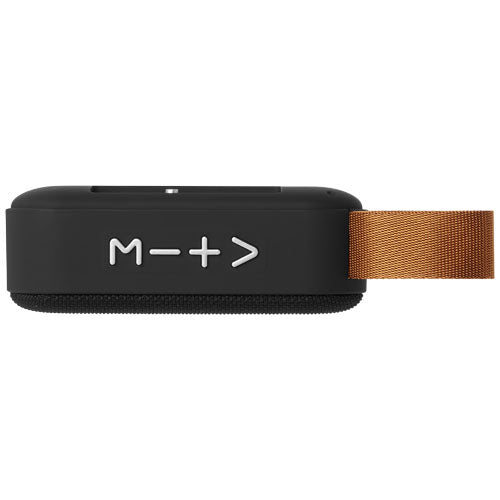 Schwarzer Fashion Stoff Bluetooth®-Lautsprecher mit braunem Band, individuell mit Logo bedruckbar, Signalshop.de Werbeartikel