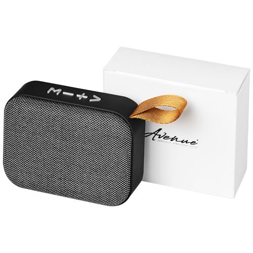 Fashion Stoff Bluetooth Lautsprecher in Schwarz mit Logo bedruckt, ideal als Werbeartikel von Signalshop.de