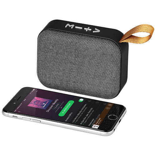 Fashion Stoff Bluetooth-Lautsprecher in Schwarz mit Trageschlaufe, individuell bedruckbar, bei Signalshop.de kaufen. Werbeartikel, Werbegeschenke, Werbemittel, Giveaway.