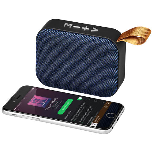 Blauer Stoff Bluetooth-Lautsprecher mit Smartphone, individuell gestaltbar, Signalshop.de Werbeartikel Giveaway.
