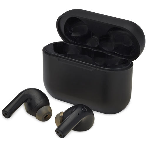 Schwarze Braavos 2 True Wireless Auto-Pair-Ohrhörer mit Etui, individuell mit Logo gestaltbar, bei Signalshop.de erhältlich.