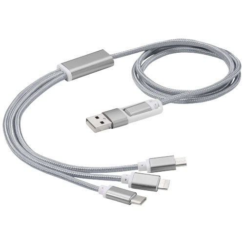 Versatile 5-in-1-Ladekabel in Silber, USB und Typ C Anschlüsse, individuell mit Logo bedruckbar, Signalshop.de Werbeartikel
