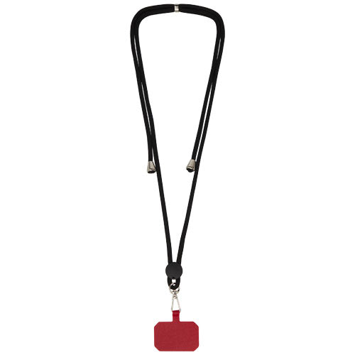 Kubi Smartphone Lanyard in Schwarz mit rotem Anhänger, individuell bedruckbar, Signalshop.de Werbeartikel.