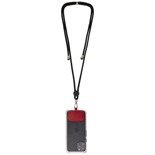 Kubi Smartphone Lanyard in Schwarz mit rotem Detail, individuell bedruckbar, bei Signalshop.de als Werbeartikel.