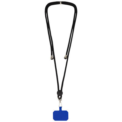 Schwarzes Kubi Smartphone Lanyard mit blauer Halterung, individuell bedruckbar, bei Signalshop.de erhältlich; Werbeartikel, Werbegeschenke, Werbemittel, Giveaway.
