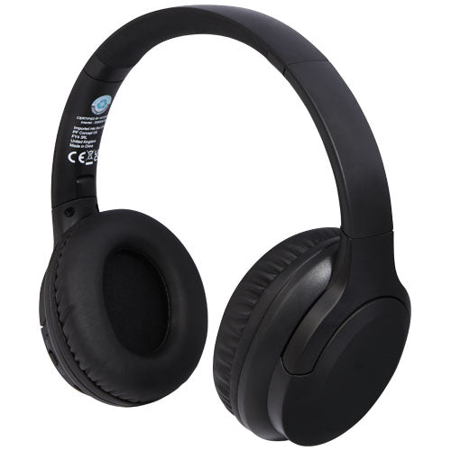 Schwarze Loop Bluetooth®-Kopfhörer aus recyceltem Kunststoff, nachhaltig, anpassbar mit Logo.