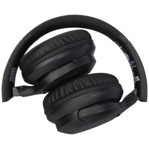 Schwarze Loop Bluetooth®-Kopfhörer aus recyceltem Kunststoff, nachhaltig, individuell mit Logo gestaltbar.