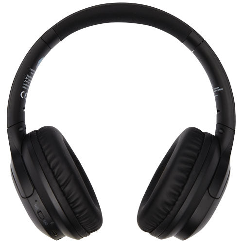 Schwarze Loop Bluetooth®-Kopfhörer aus recyceltem Kunststoff, individuell bedruckbar, nachhaltig.