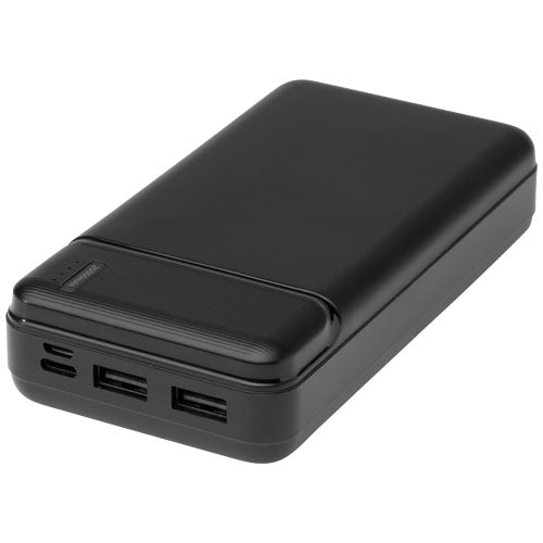 Schwarze Powerbank 20.000 mAh aus recyceltem Kunststoff mit USB-Anschlüssen, individuell bedruckbar, Signalshop.de Werbeartikel.
