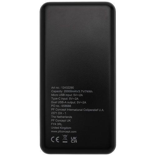 Schwarze Powerbank aus recyceltem Kunststoff, 20.000 mAh, individuell bedruckbar, Signalshop.de Werbeartikel