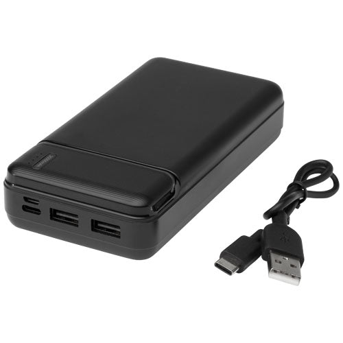 Schwarze Powerbank 20.000 mAh aus recyceltem Kunststoff, individuell bedruckbar, Signalshop.de Werbeartikel.