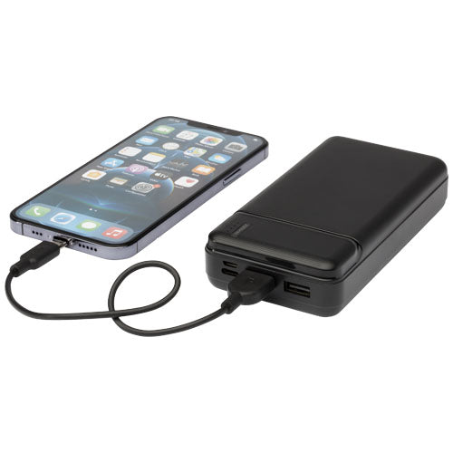 Schwarze Loop Powerbank 20.000 mAh aus recyceltem Kunststoff, individuell bedruckbar, bei Signalshop.de als Werbeartikel.