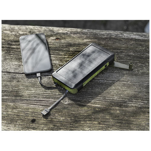 Soldy 10.000 mAh Solardynamo-Powerbank aus recyceltem Kunststoff mit Logo von Signalshop.de, nachhaltig.